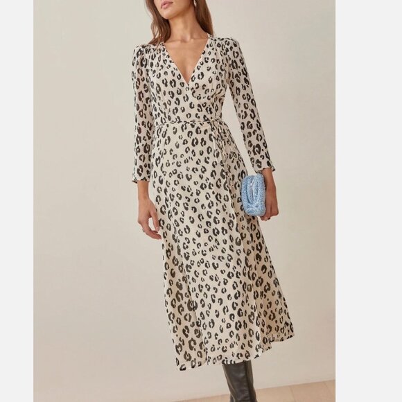 NEW Reformation Melba Wrap Dress Snow Leopard XL Long Sleeve Midi Quiet Luxury - Picture 1 of 16